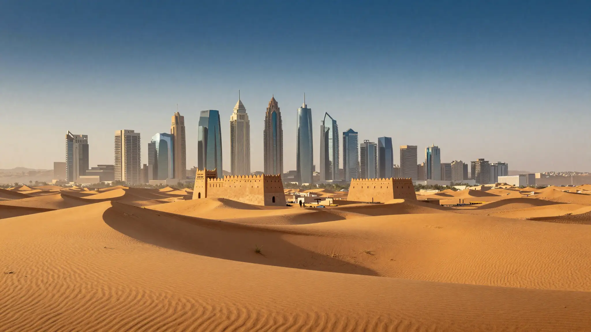 مناظر من المملكة العربية السعودية تجمع بين الكثبان الصحراوية الذهبية وأبراج المدن الحديثة والتراث العمراني